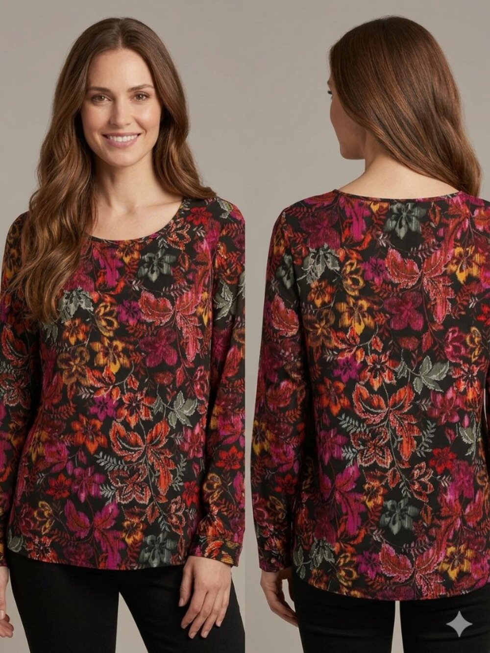 Investments Floral Long Sleeve Blouse XL Black Pink Orange Button Sleeve Detail